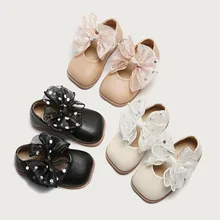 Zapatos antideslizantes de cuero PU con lazo de encaje para bebé, calzado de princesa para niñas, calzado de baile con Velcro, planos para estudiantes