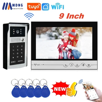 투야 와이파이 비디오 인터콤 시스템 초인종, 방수 야외 카메라 무선 도어폰, RFID 카드 암호 키보드 포함, 9 인치