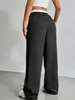 Women's Straight Leg Pinstripe Trousers High Waist Office Business Pants Casual Striped Dressy With Pockets - Image 2