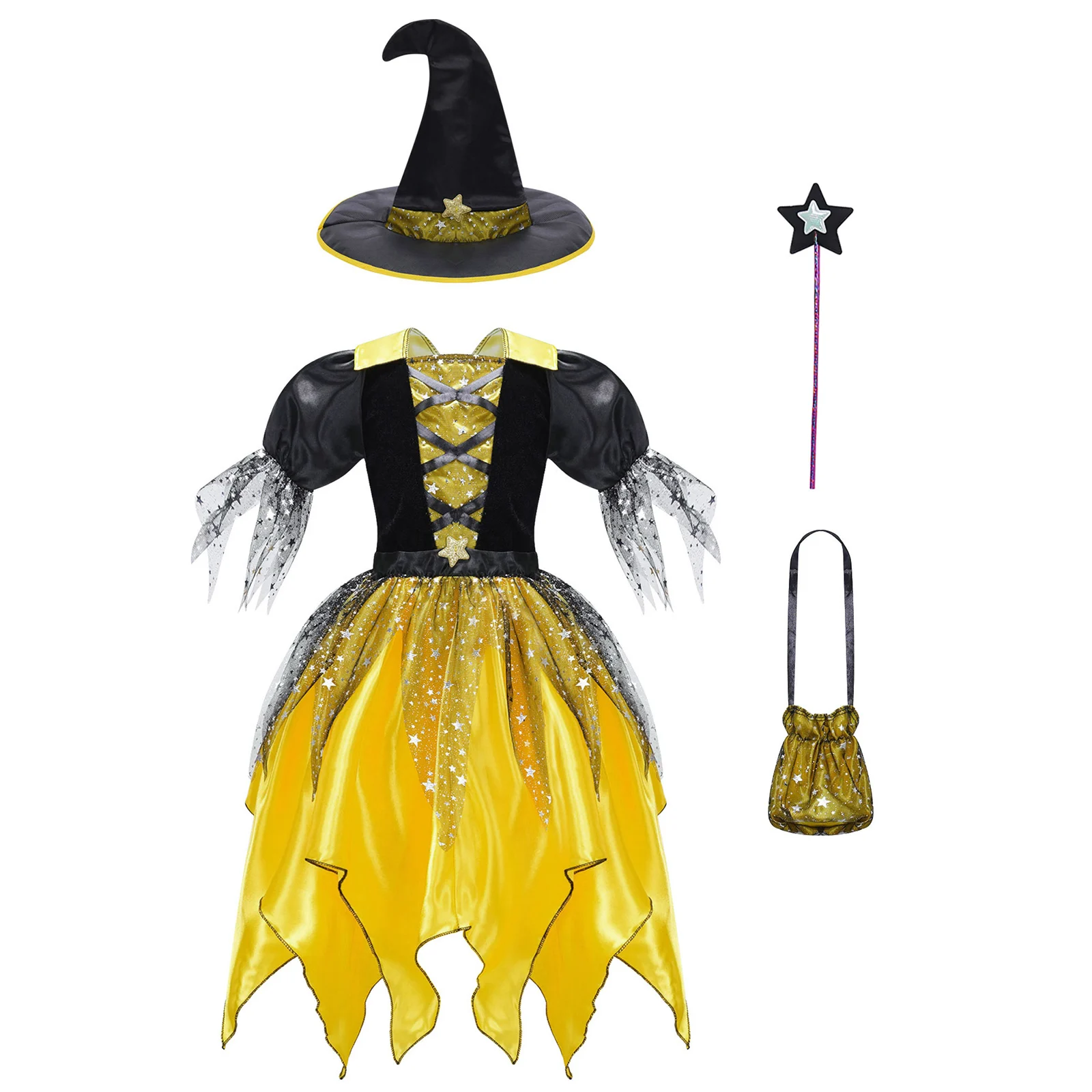 

Halloween Witch Cosplay Costumes Kids Girls Irregular Fairytale Party Dress Crescent Pointed Hat Star Wand Candy Handbag Suit