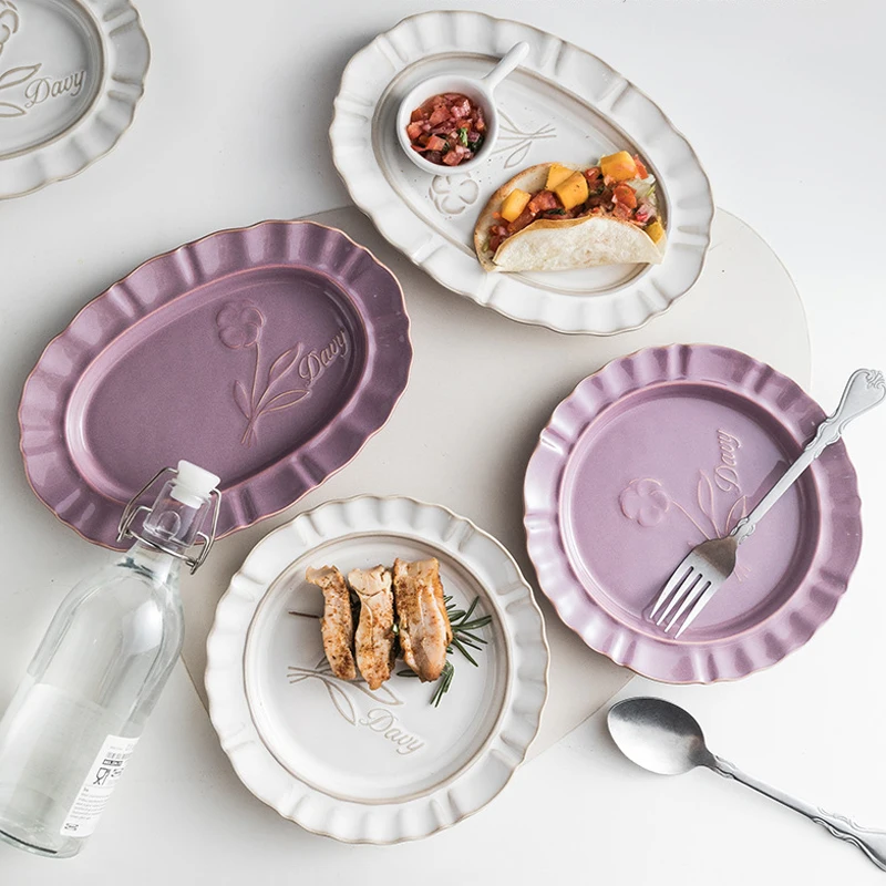 

AhunderJiaz Vintage Ceramic Relief Rose Dinner Plate Creative Western Food Plate Fish Salad Plate Kitchen Tableware Set керамика