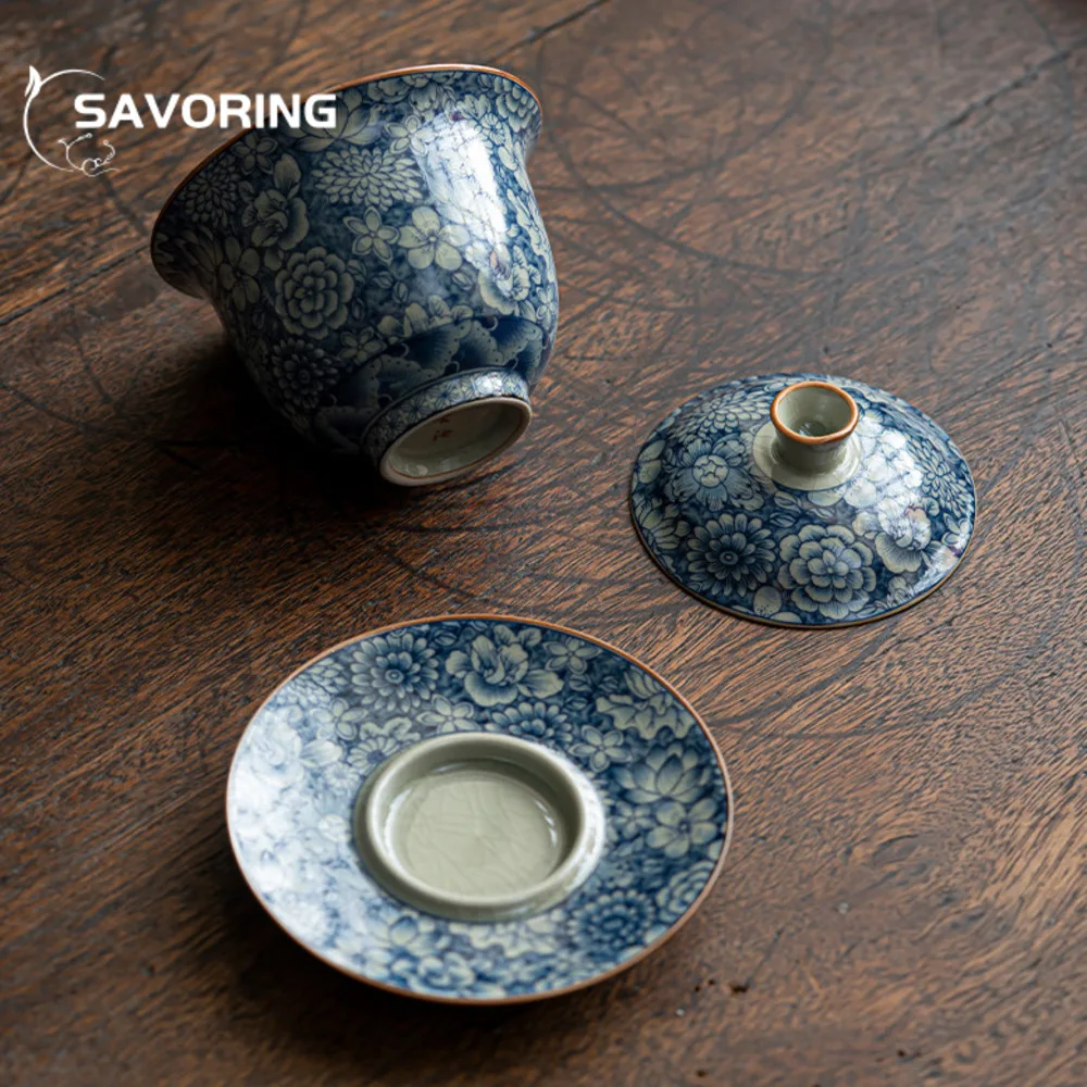150ml Retro Blue and White Sancai Gaiwan Vintage Old Pottery Mud Tea Tureen Household Tea Brewing Cover Bowl Ceremony Craft
