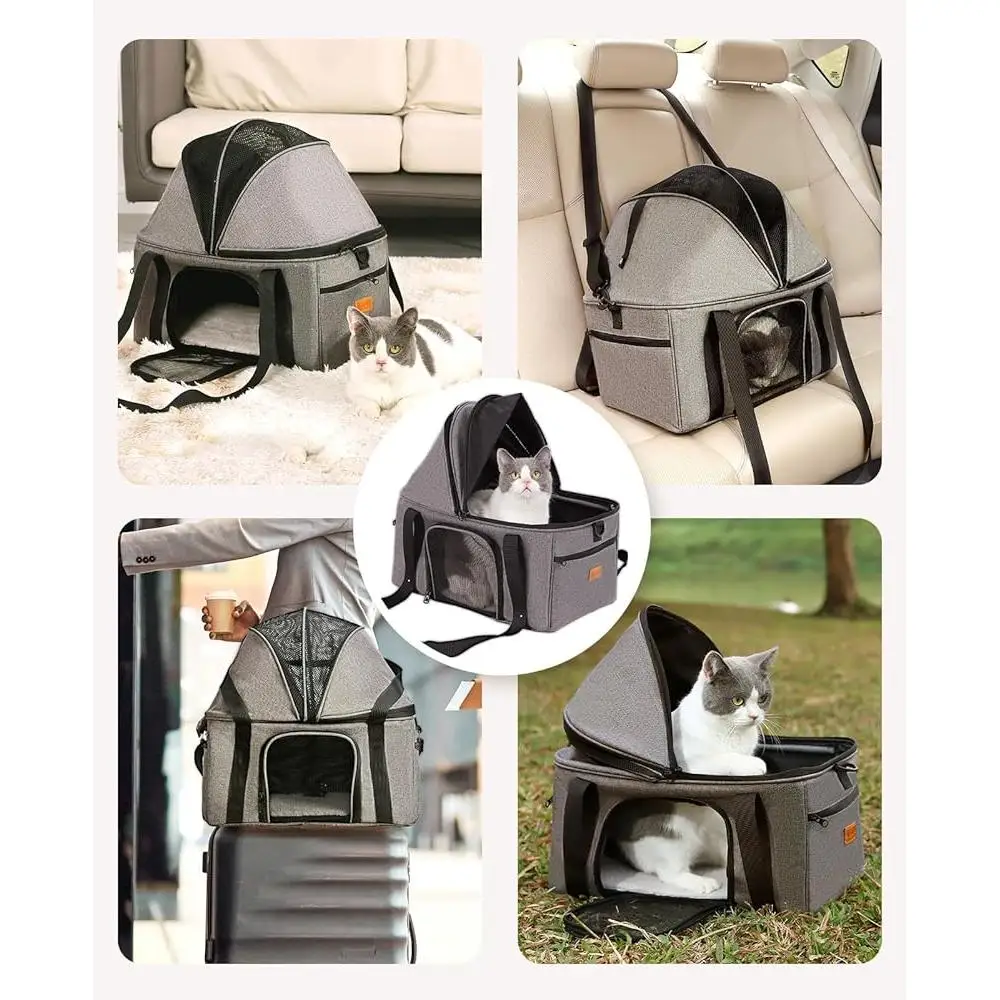 Soft Sided Cat Carrier Large Pet Bag Travel Seat with Semi-open Canopy Washable Cushion Collapsible Design Safety Features