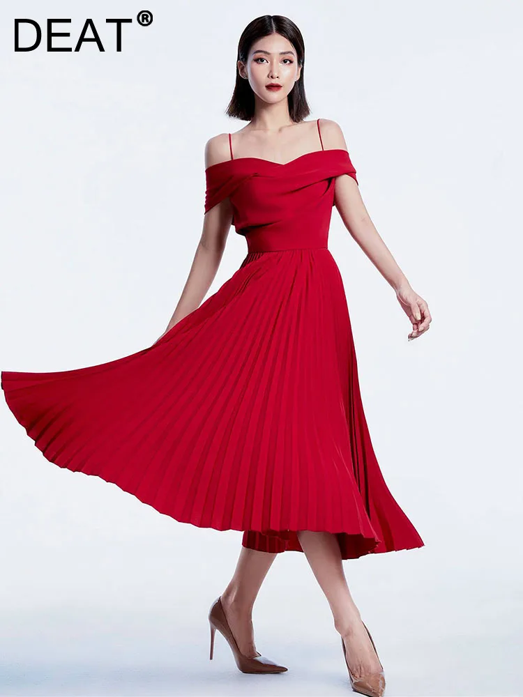 

DEAT Women's Fashion Dress Camisole Pleated Backless Slash Neck Solid Color Cross Female Party Dresses Spring 2024 New 13DB1275