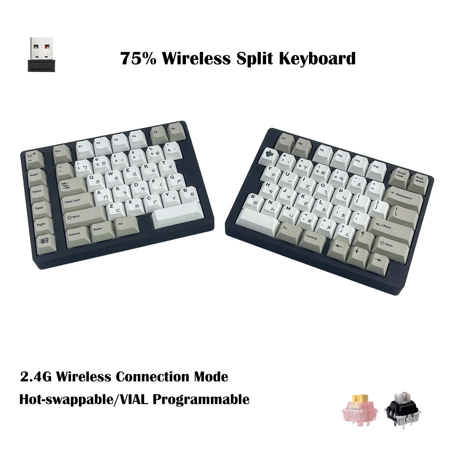75% 레이아웃 분할형 인체공학적 기계식 키보드 |   PETG 케이스, 2.4G ..