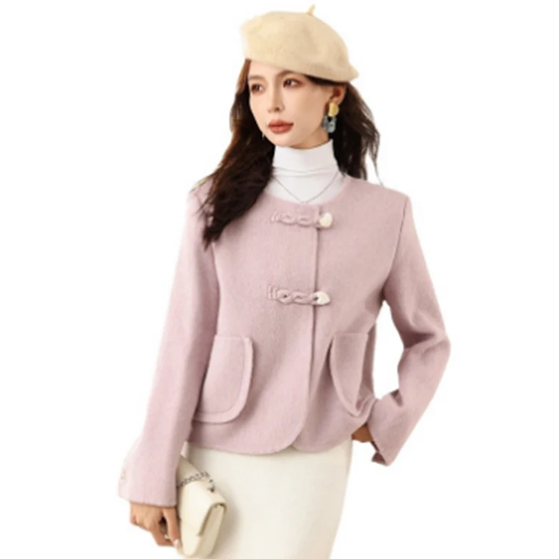 

Birdtree 100%Wool Coat Thick Round Neck Solid Disc Buckle Sweet Retro Casual Versatile Cropped Short Coats Fall Winter C3D216QD