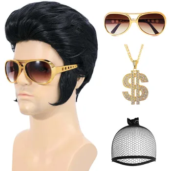 Parrucca sintetica anni '50 e '60 Rock Legend per uomo Parrucca Elvis Parrucca da costume da cantante Rocker anni '50 con accessori per cosplay Festa di Halloween
