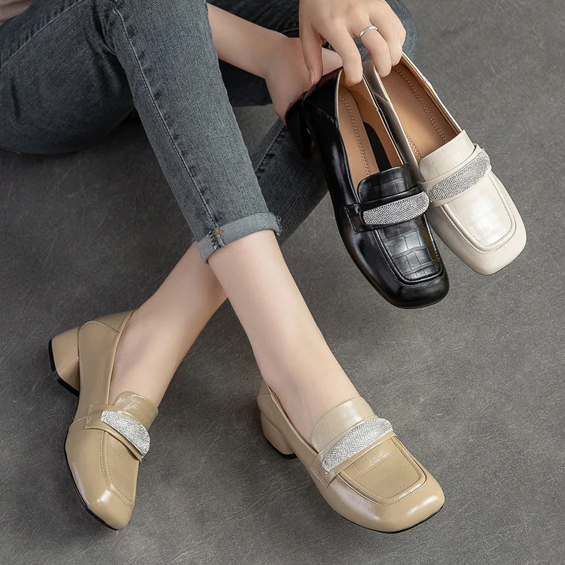 

Women's Thick Heel Shoes 2022 New British Style first layer cowhide Shoes Autumn Retro Square Toe Single Shoes Middle Heel