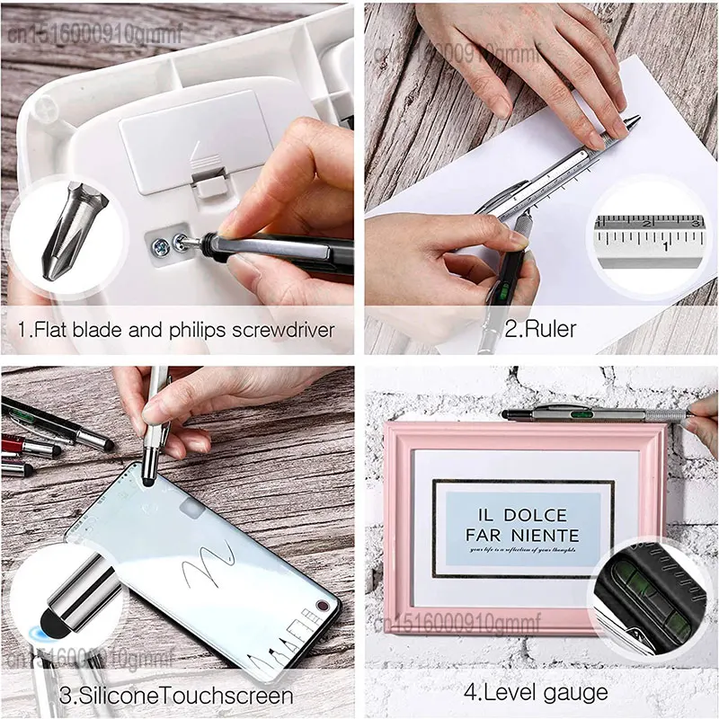 4Pcs Set Multifunction Ballpoint Pen Blue Black Ink With Measure Ruler Screwdriver Touch Screen Stylus Tool Writing Stationery