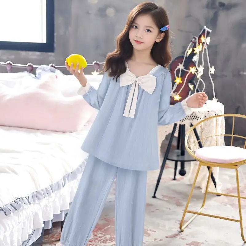 여자 잠옷 봄 가을 얇은 면사 투피스 소녀 공주 스타일 긴팔 양복 어린이 에어컨 의류