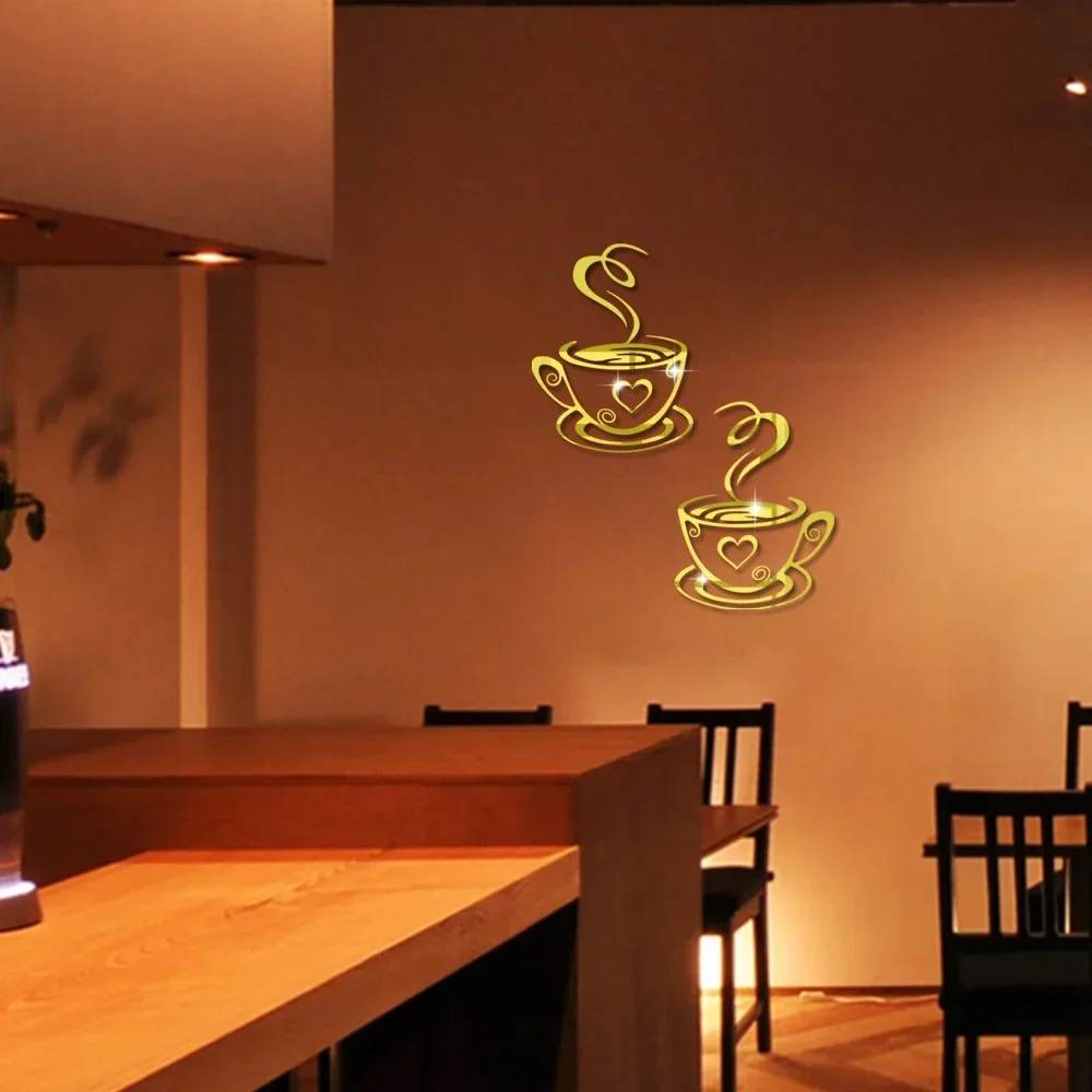 Coffee cup mirror wall stickers three-dimensional 3d self-adhesive layout restaurant kitchen door decoration cafe room decor Wall Sticker Mirror Wall Sticker