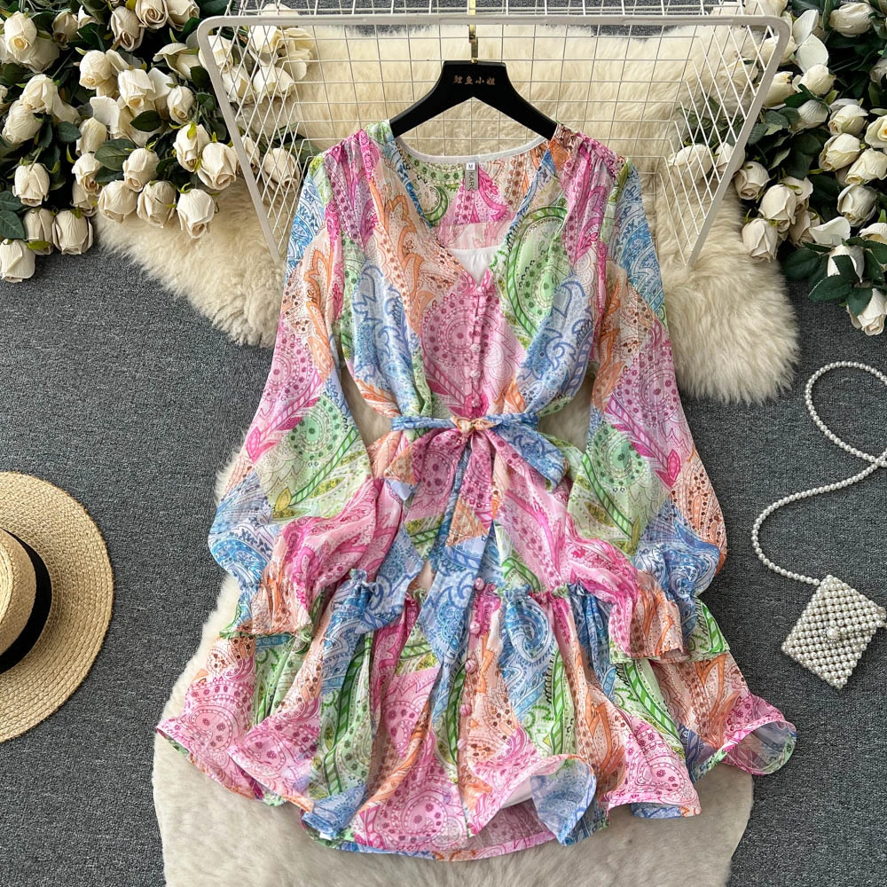 

Fashion Runway Gorgeous Flower Ruffles Chiffon Beach Dress Women V Neck Long Puff Sleeve Floral Print Boho Robes Vestidos