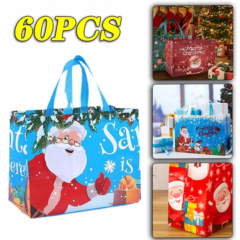 Party Gift Bags 60PC Christmas Tote Bags Santa Elk Snowflake Thickened Non-woven Printed Waterproof Decoration