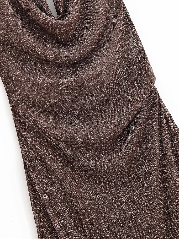 Women's Dress Summer 2025 New Metallic Brown Halter Neck Dress Long Dress Sexy Open Back Design Elegant Party Dresses