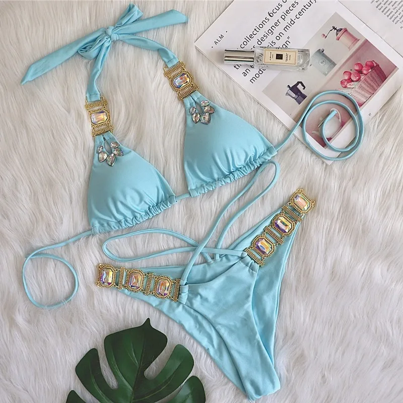 Women's 2 Piece Bikini Swimwear Sexy Rhinestone Swimsuits for Women Bikini Halter Swimsuits