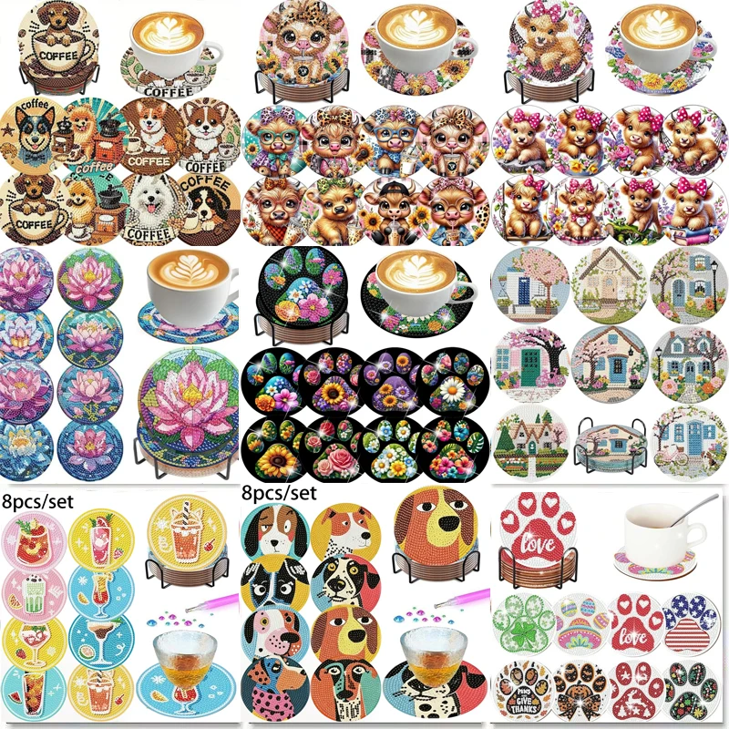 8 Pieces/Set of Diamond Art Painting Coasters with Brackets, DIY Small Dog Pattern Diamond Art Coasters, Suitable for Both Adult