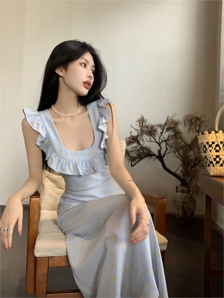 

Elegant Floral Sleeveless Long Dress Women Square Collar Ruffles Vocation Beach Slim Dresses Female Summer Vestidos Clothes