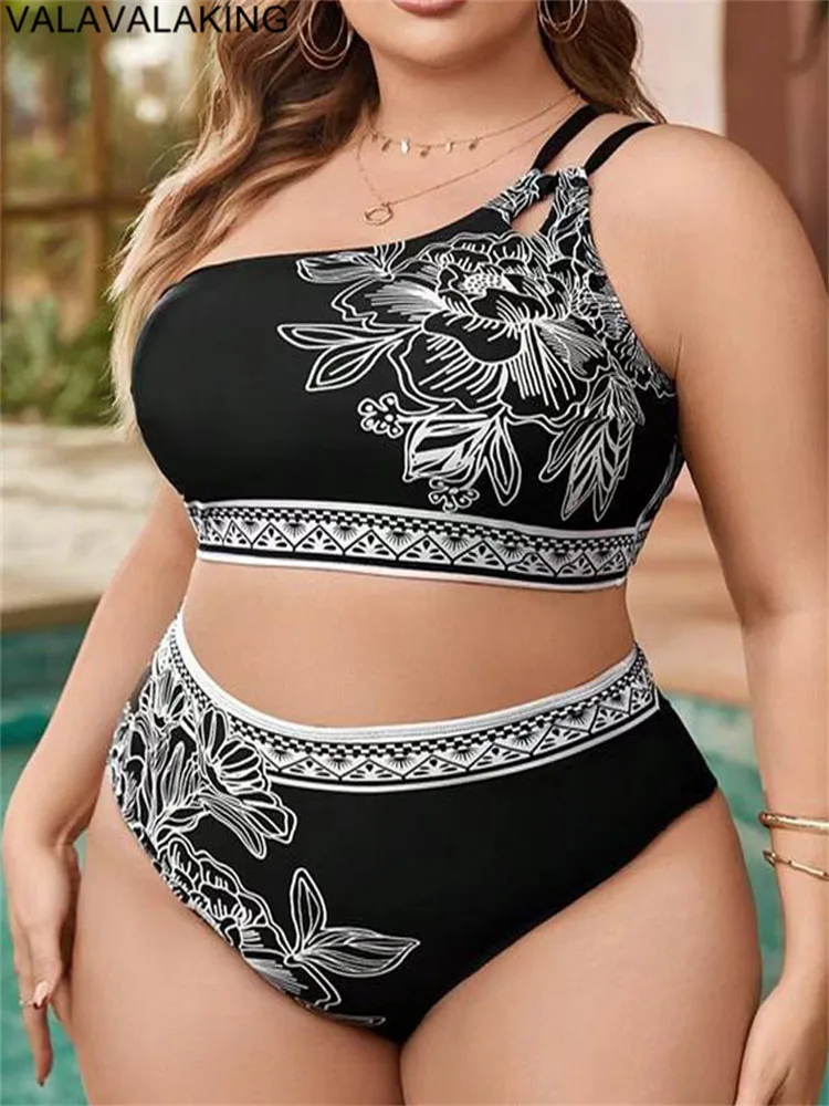 2025 Print One-shoulder Two Piece Plus Size Bikini Women High Waist Large Swimsuit Lady Chubby Swimwear Beach Curvy Bathing Suit 3