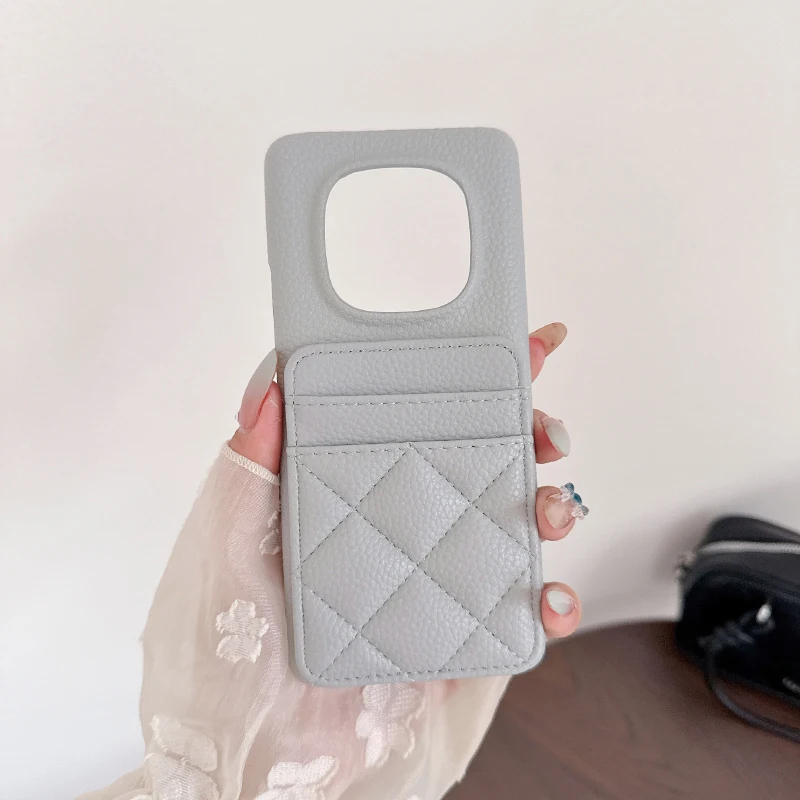 Lingge Leather Card Slot Wallet Phone Case - Solid Color Design