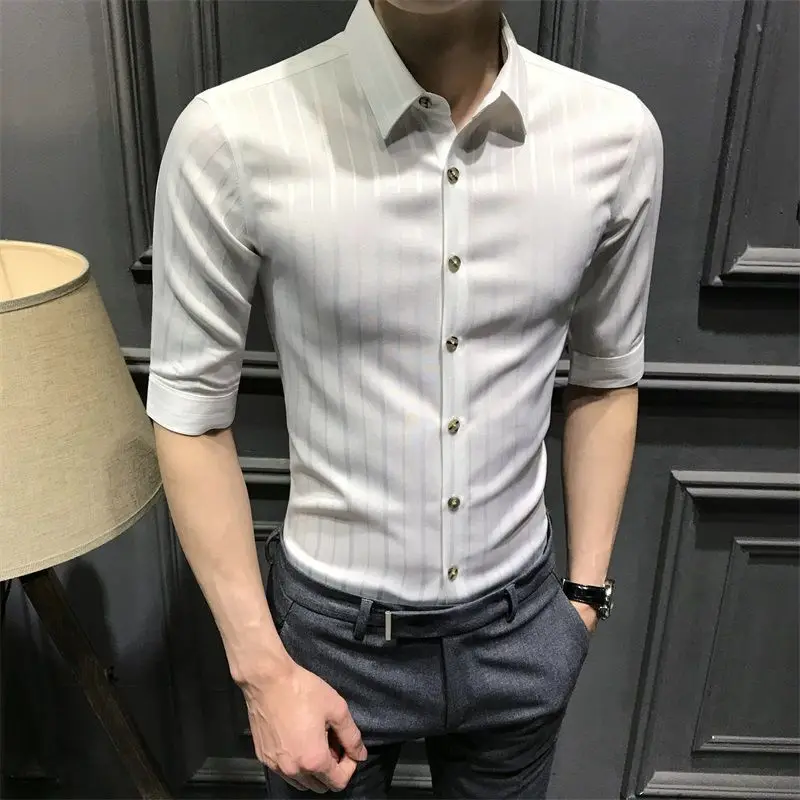Loose Solid Formal Button Striped Turn-down Collar Long Sleeve Shirts Temperament Fashion Casual Spring Summer Men's Clothing