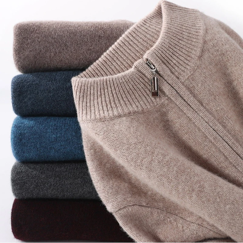 100% Soft Cashmere Men's Clothing Sweater Half-High Zipper Pullover Autumn Winter Warm Basic Knitted Jumper Pull Homme 5