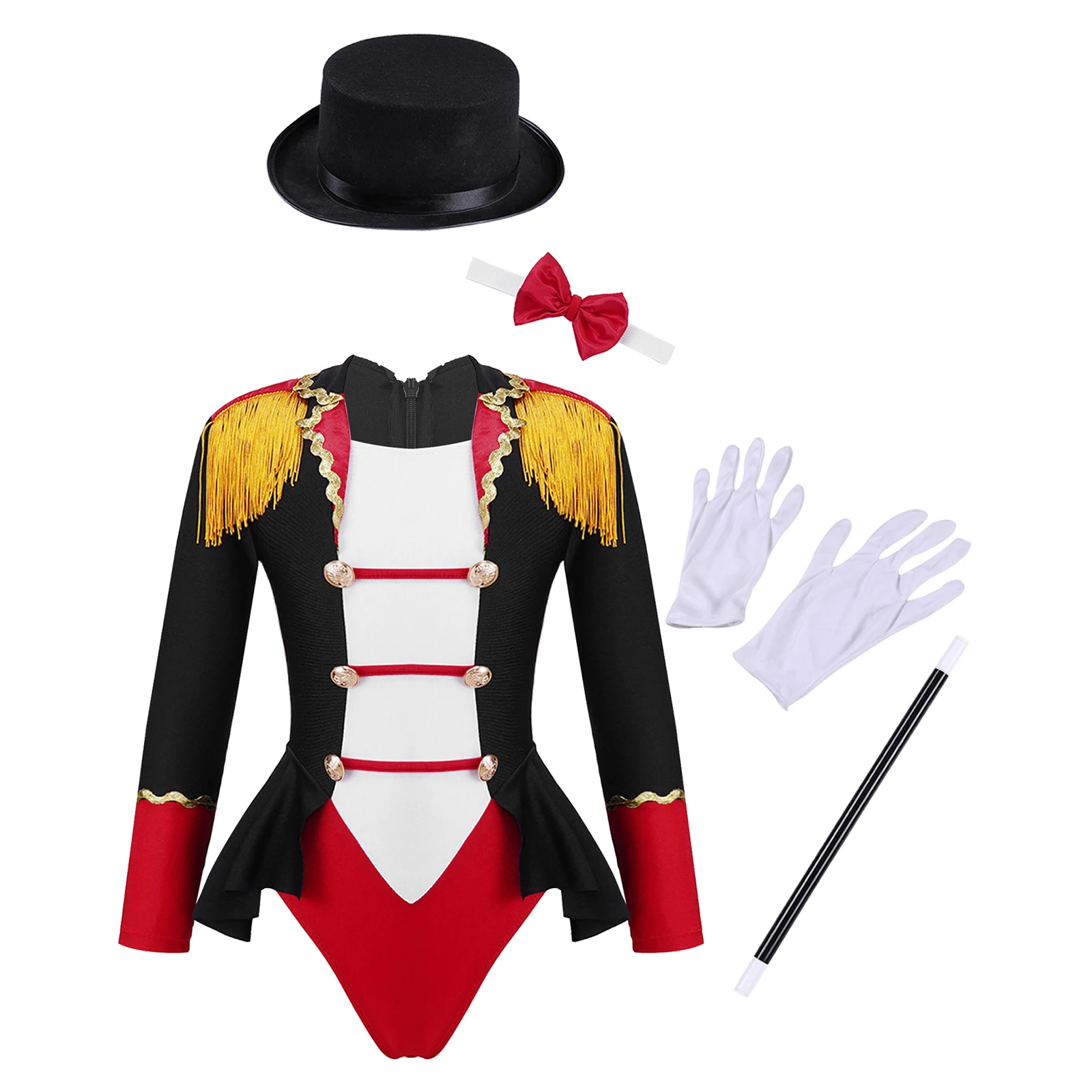 Kids Girls Circus Ringmaster Costume Halloween Cosplay Carnival Party Fancy Dress Up Long Sleeve Lapel Tassel Bodysuit Leotard