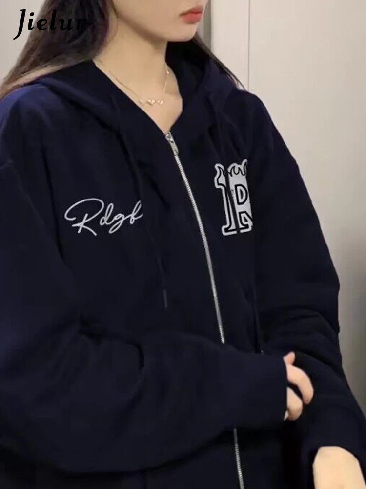 

Jielur Повседневные женские толстовки с капюшоном на шнурке, шикарные с буквенным принтом, Модные свободные простые однотонные женские толстовки на молнии с карманами