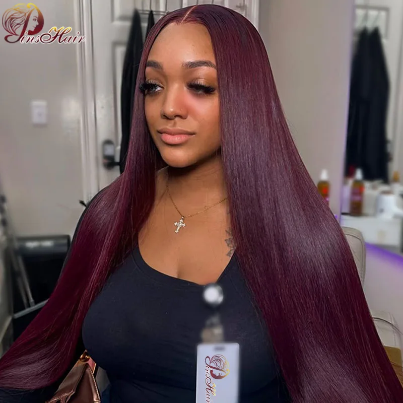 Bone Straight Wig Burgundy Lace Front Wig Peruvian 99J Colored 13&times;6 Lace Frontal Human Hair 180 Density Transparent