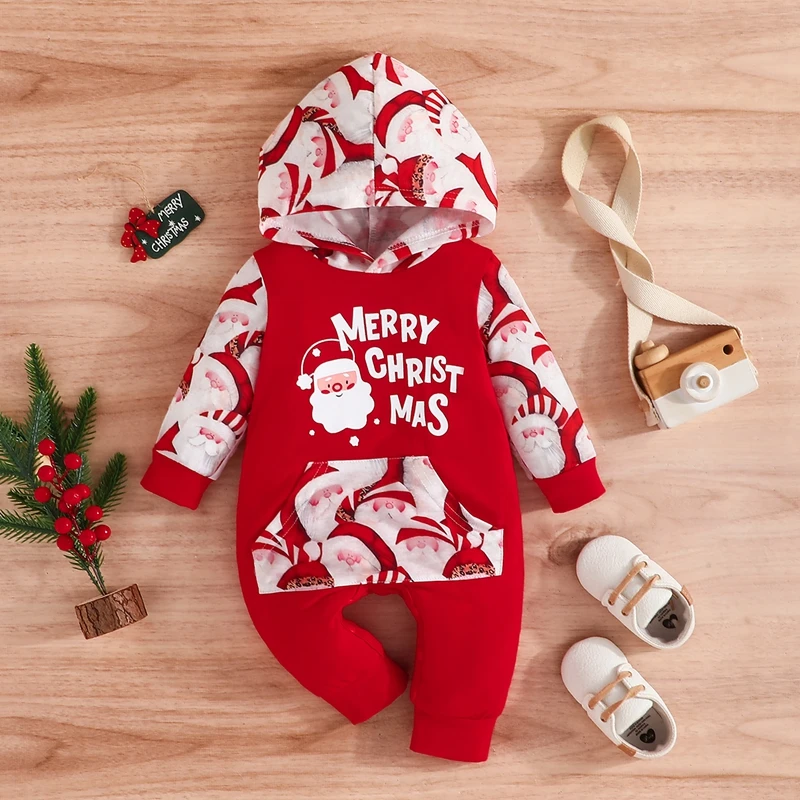

Newborn Baby Boy Girl Christmas Outfit Romper Cartoon Santa Print Long Sleeve Hooded Jumpsuit Cute Infant Outfit