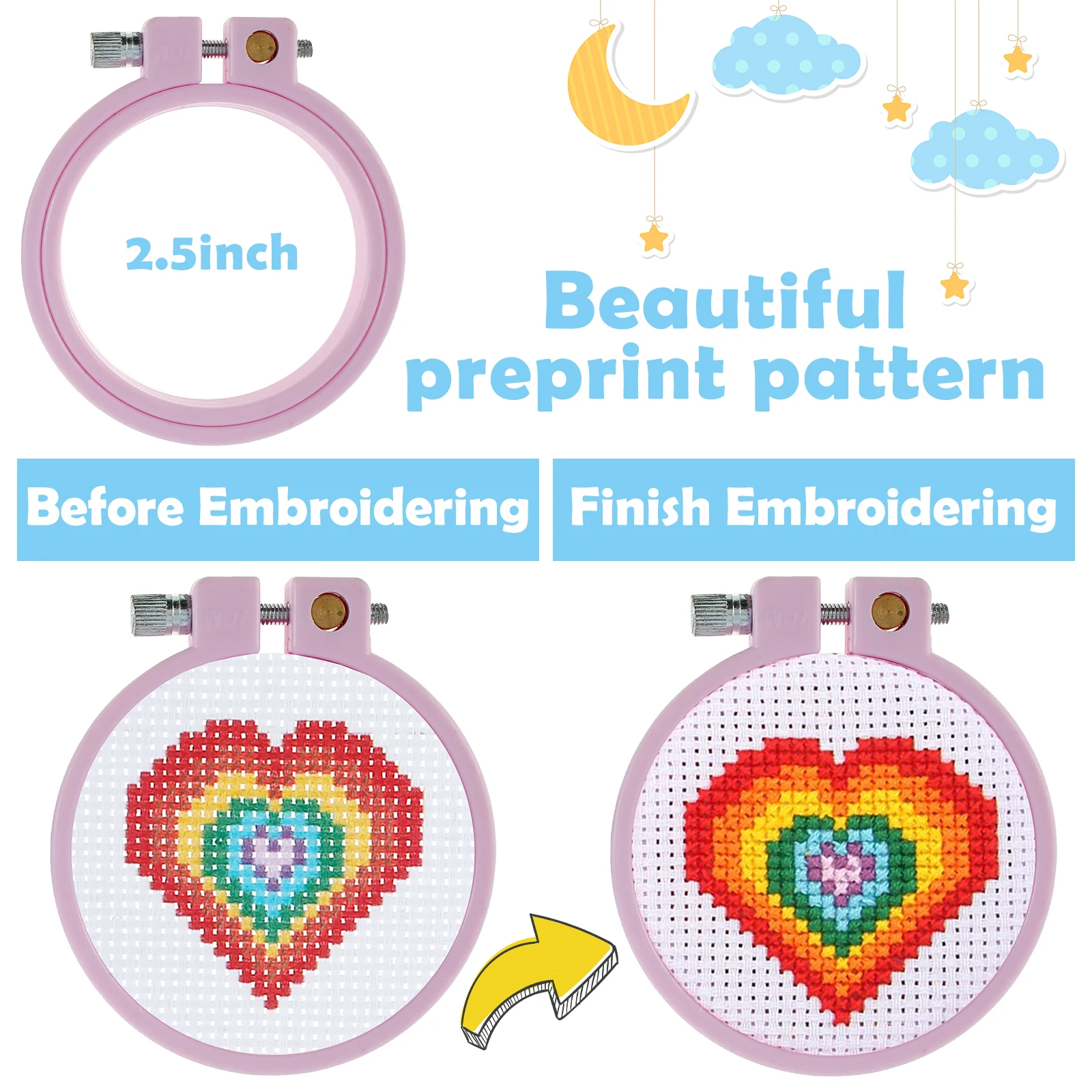 6Pcs Embroidery Beginner Kits DIY Cross Stitch Set Embroidery Starter Kit Portable Needles Remover Threading Tool With Hoop Kids