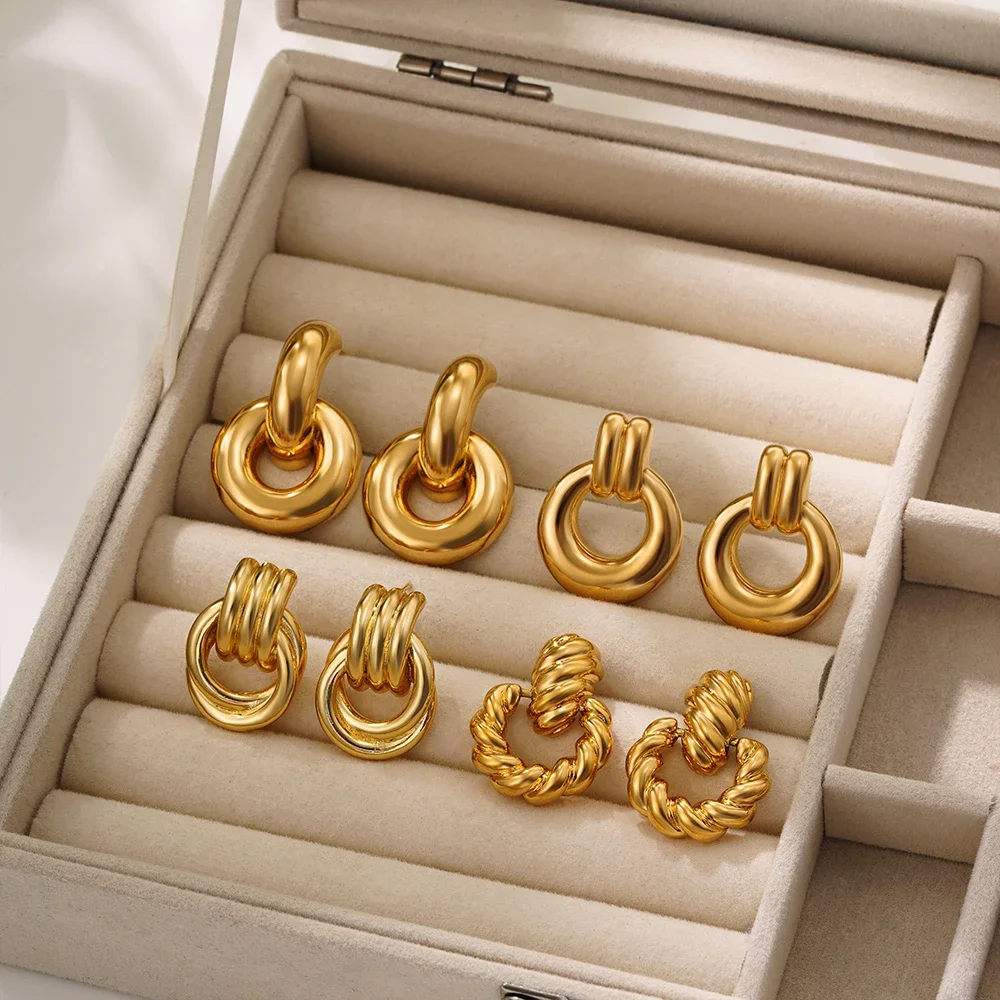 New Fashion Chunky Circle Ear Hoops for Women Stainless Steel Hypoallergenic Ribbed Knot Stud Earrings Vintage Jewelry Wholesale