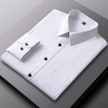 Stretchy Casual Striped Shirts Single Patch Pocket Wrinkle Free Soft Long Sleeve fit Dress Shirt