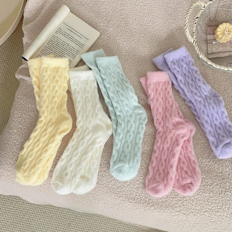 

Warm Women's Socks Winter Soft And Thickened Macaron Solid Color Girls' Mid Tube Socks Fluffy Home Cute Floor Socks