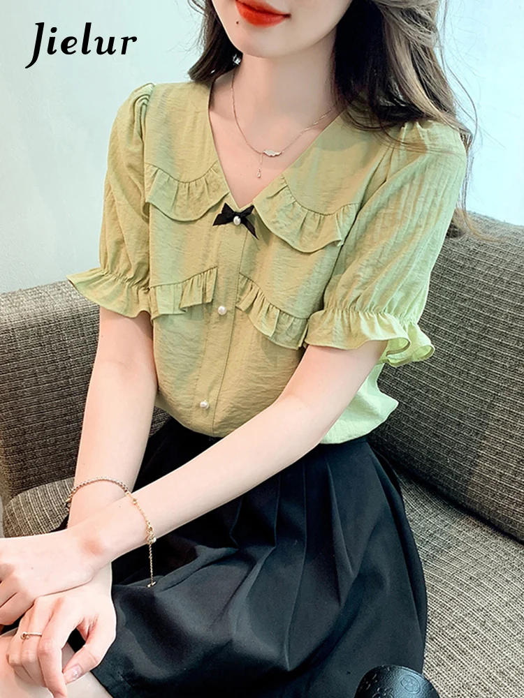 

Jielur летняя новая тонкая простая женская рубашка Милая элегантная Базовая женская рубашка женская белая зеленая свободная модная женская рубашка