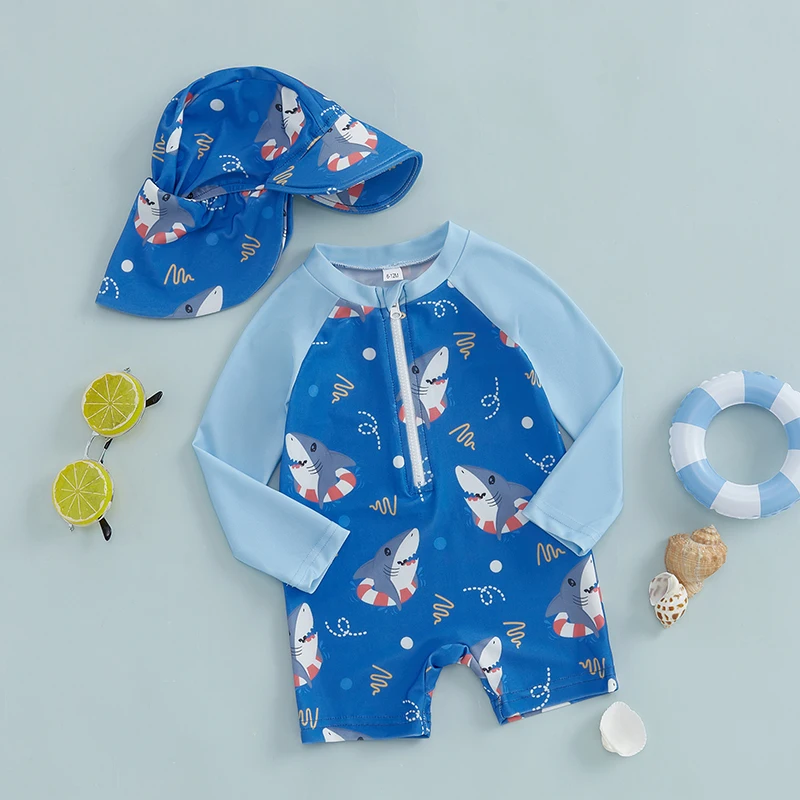 Tregren Toddler Boy Long Sleeve Swimsuit Cartoon Shark Print Half Zipper Rash Guard Swimwear with Sunhat Kids Beach Bathing Suit