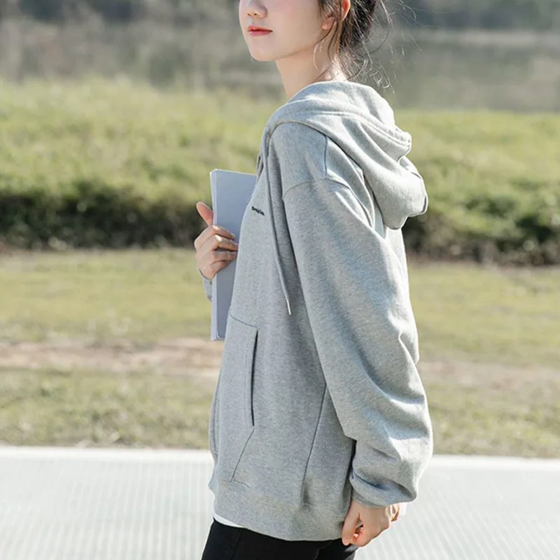 Sweatshirt Hoodie Oversize Hooded Cardigan Sweatshirts Gray Women Clothes Solid Zip Up Hoodies Spring Women Tops Long Sleeves
