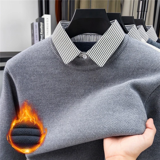 Pull Faux deux couches pour hommes, col à carreaux épais chaud, qualité médaille d'or, chemise pull à col épais 1