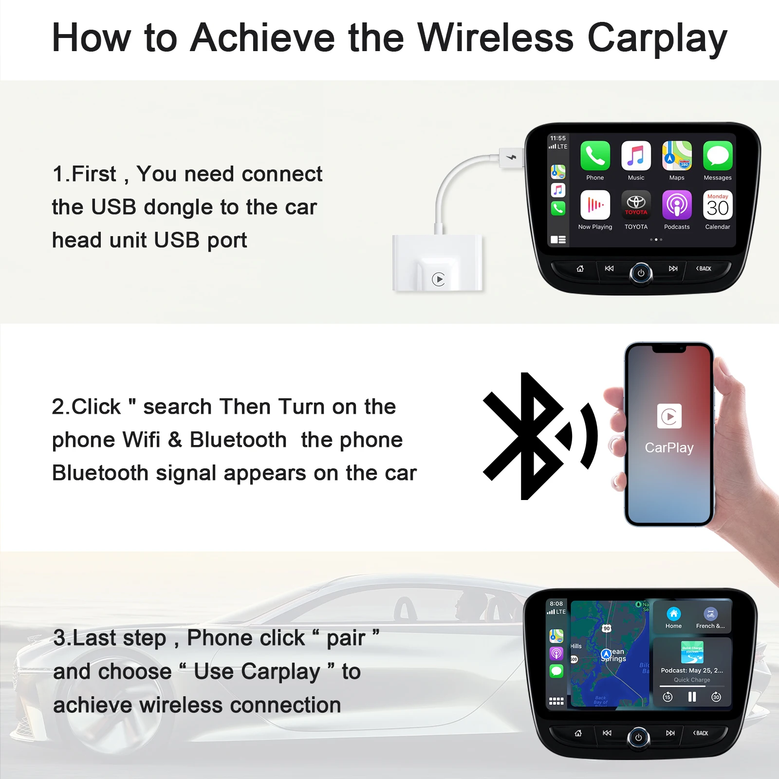 Wireless CarPlay Adapter for lPhone ,Wireless Auto Car Adapter,Apple Wireless Carplay Dongle,Plug Play 5GHz WiFi Online Update