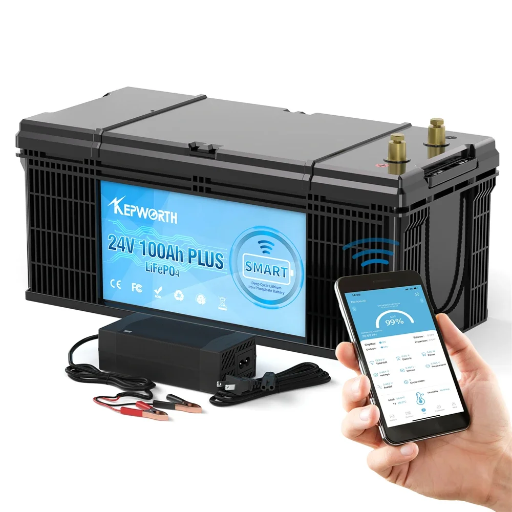 24V 100Ah LiFePO4 Battery with Built-in Bluetooth BMS for RV Campers Golf Cart Off-Road 6000 Cycles Long Life Power Battery