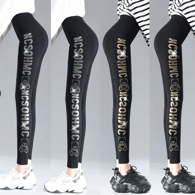 Black Gold Letter Bear Sequin Women's Leggings Pants High Waist Elastic Black Bottoms Pencil Trousers