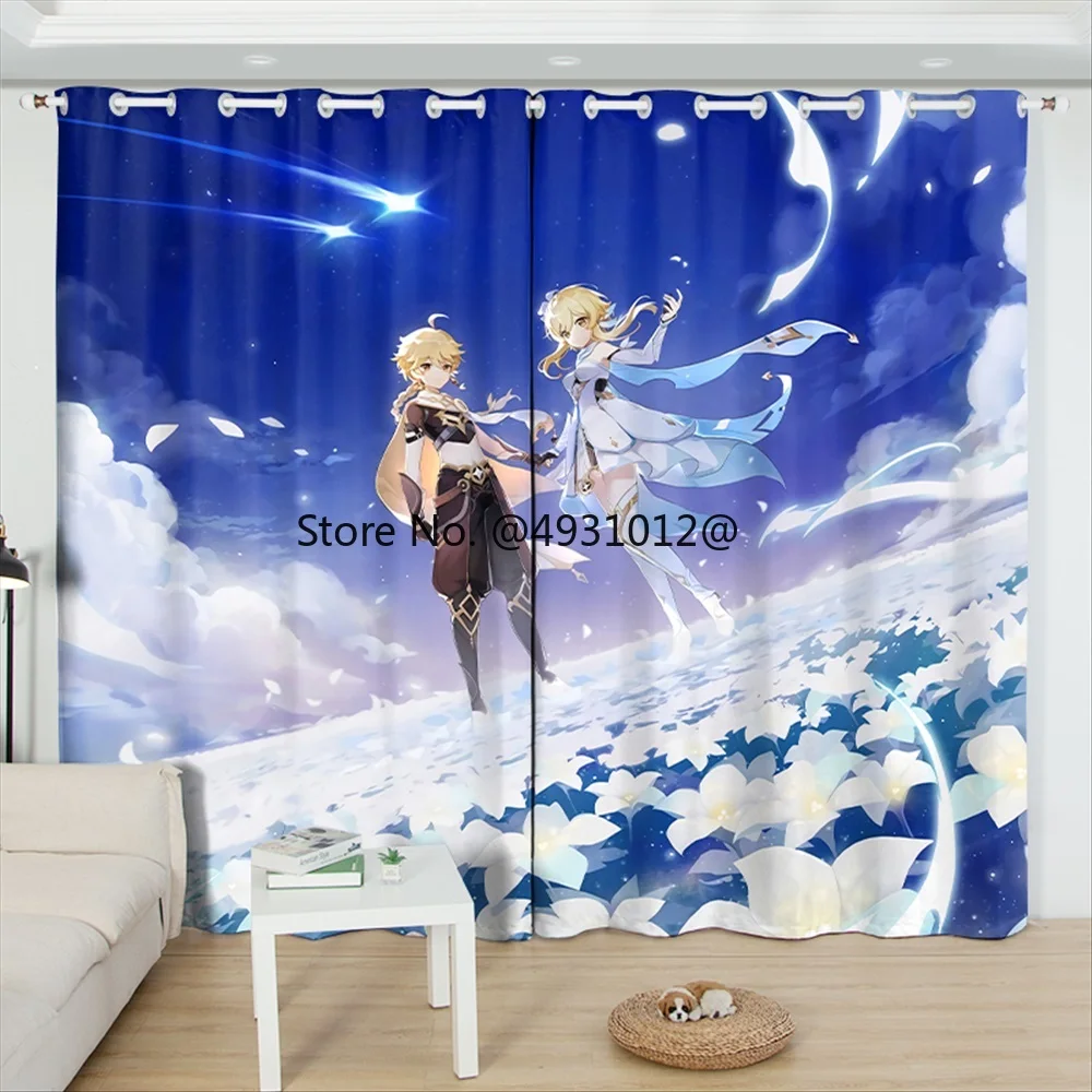 

2023 Blackout Curtain Genshin Impact 2 Panels Anime Printing Window Drapes for Living Room Cartoon Window Treatments