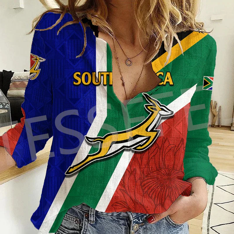 Custom Name Country South Africa Flowers Flag Tattoo Streetwear 3DPrint Harajuku Women Casual Button-Down Shirts Long Sleeves X4