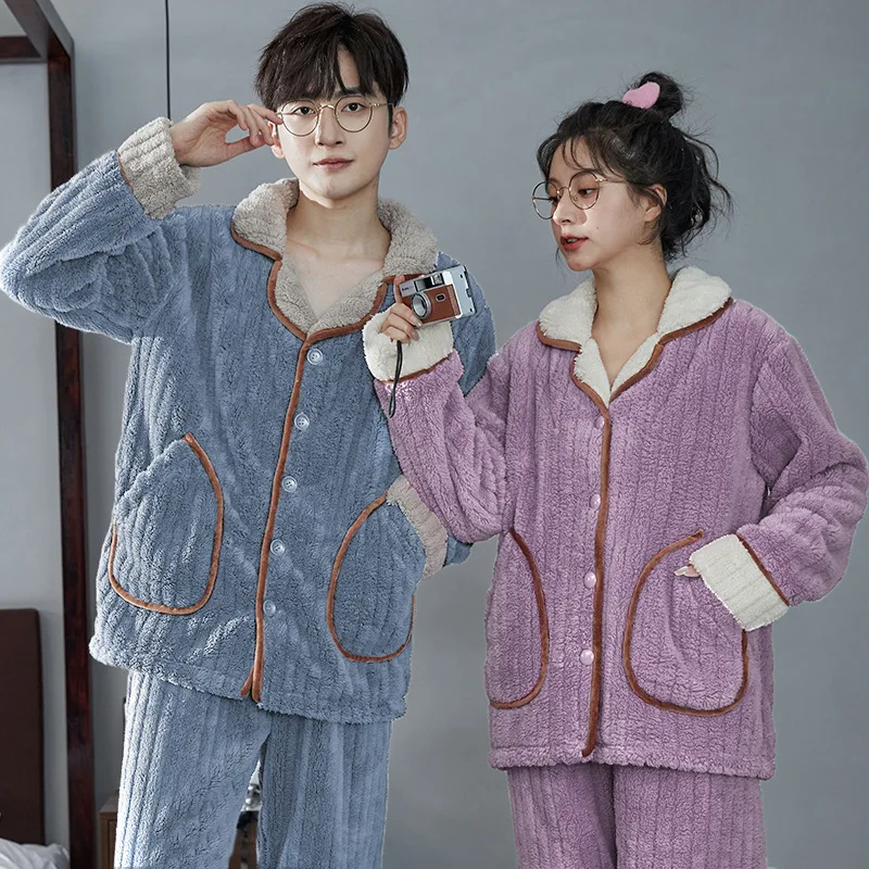 Sleepwear Nightwear Men Women Couple Pajamas Warm Flannel Pajama Sets Coral Fleece Long Sleeve Fleece Sleepwear Loungewear Sets