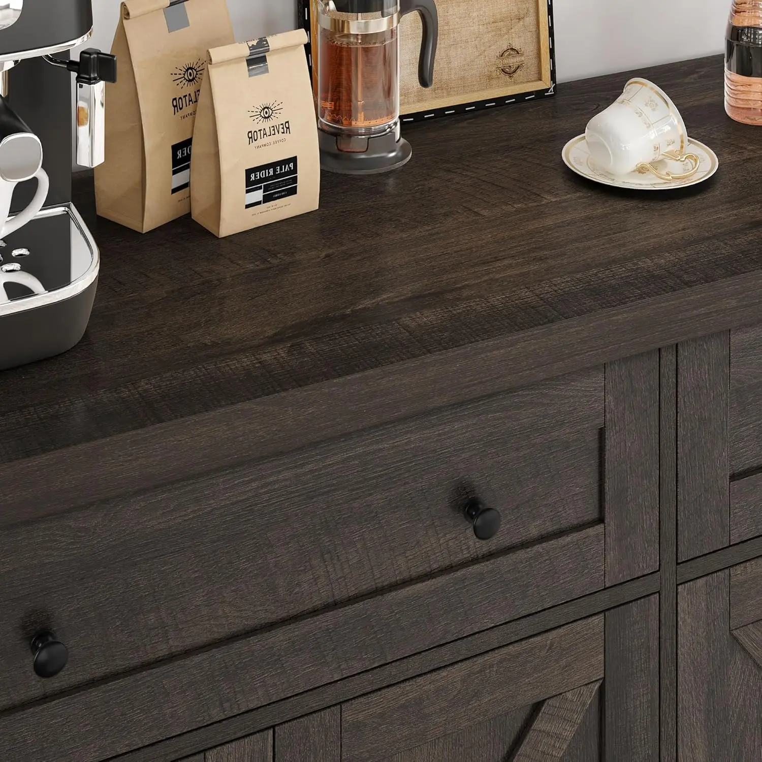 55" Buffet Sideboard Cabinet with Storage, Modern Farmhouse Coffee Bar Cabinet with Drawers and Shelves, Barn Doors Storage 6