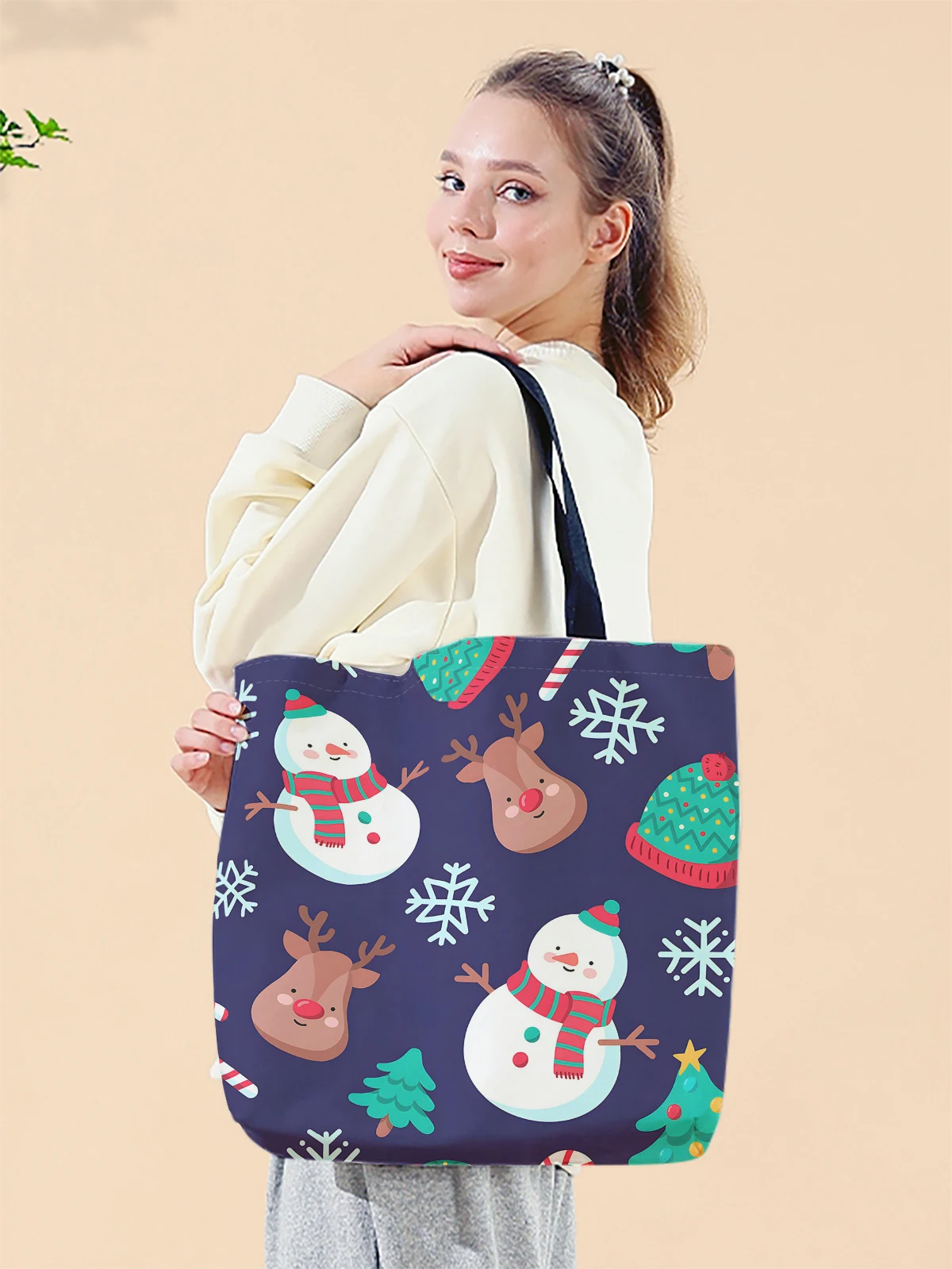 Christmas themed printed casual handbag, reusable fashionable backpack, multifunctional handbag, canvas shopping bag