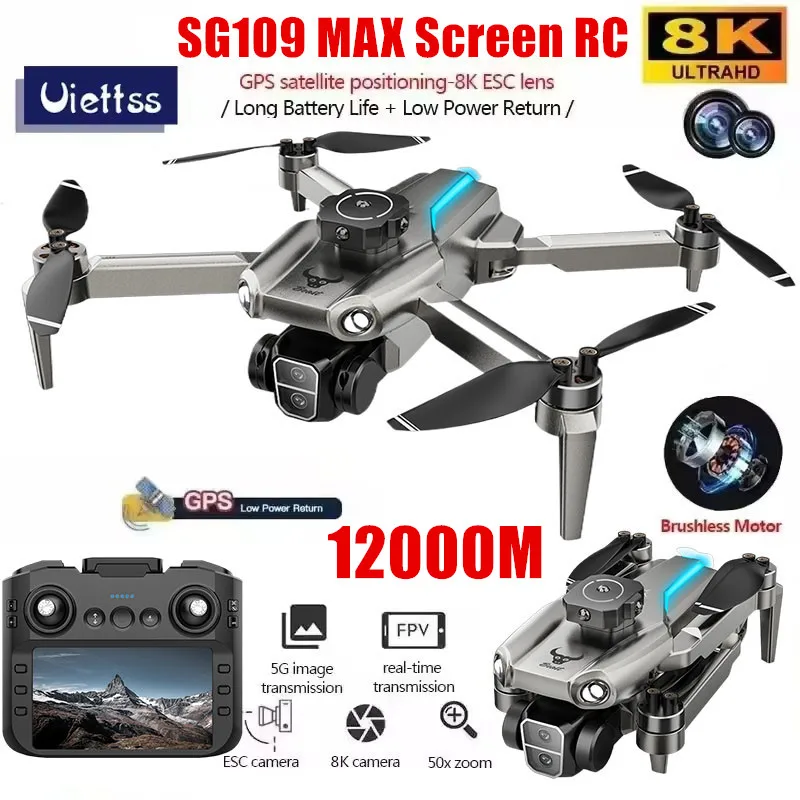 Professional SG109 MAX GPS Drone With Screen 8K HD Dual Camera 5G WIFI 360&deg;Obstacle Avoidance Brushless Foldable Quadcopter Dron drone quadcopter