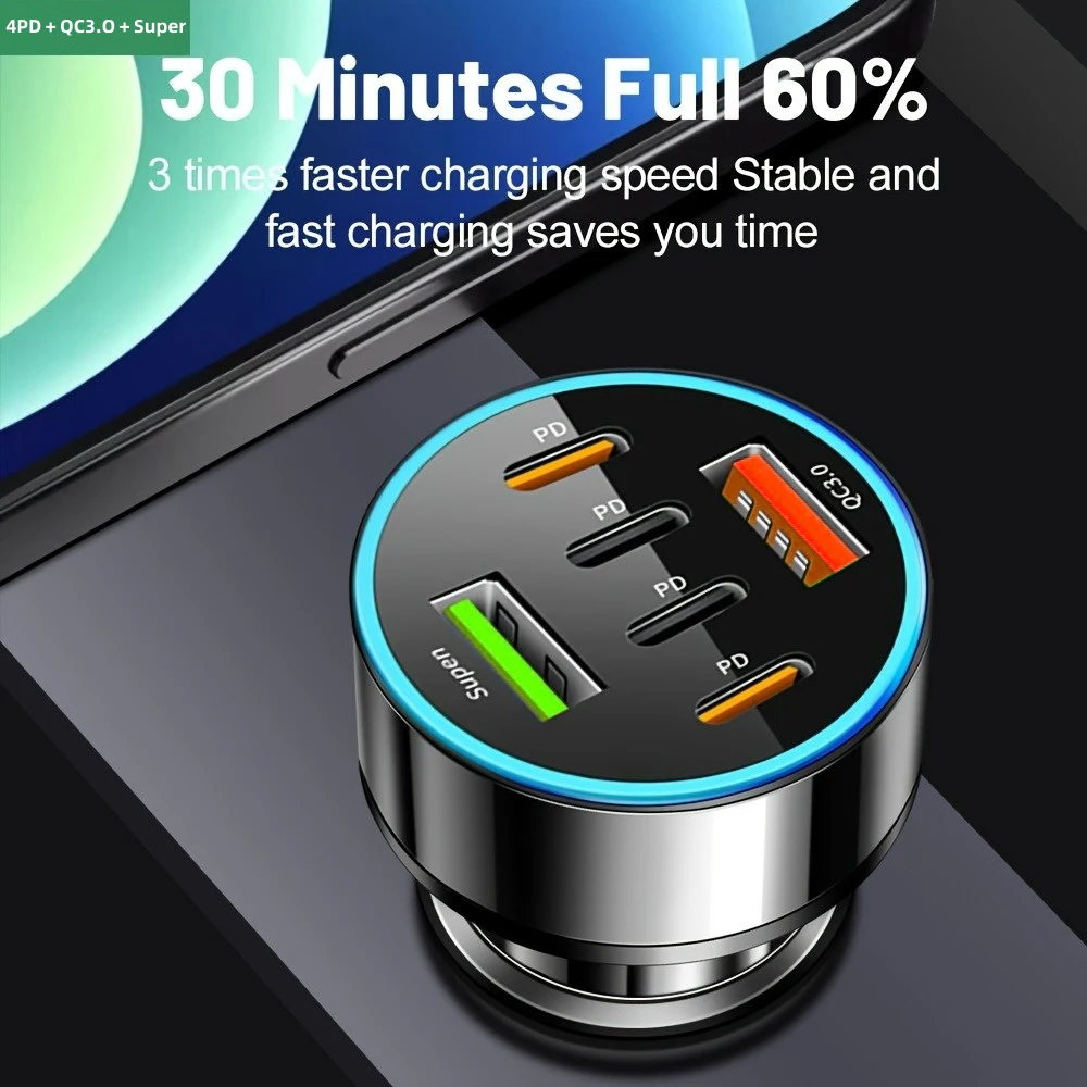 6-in-1 Car Charger Adapter Dual USB PD Type C Fast Charging Phone Charger in Car For Smartphones Tablet Portable USB Car Charger