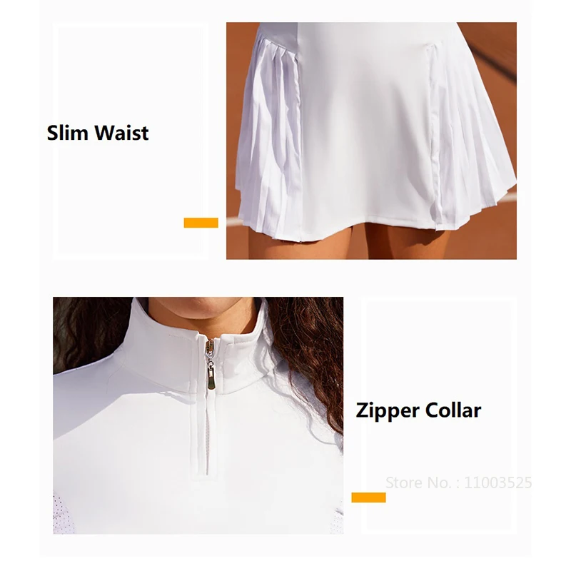 Long Sleeve Tennis Dress for Women Badminton Skirts with Shorts Zipper Collar Sunscreen Workout Gym Skirts Athletic Dresses