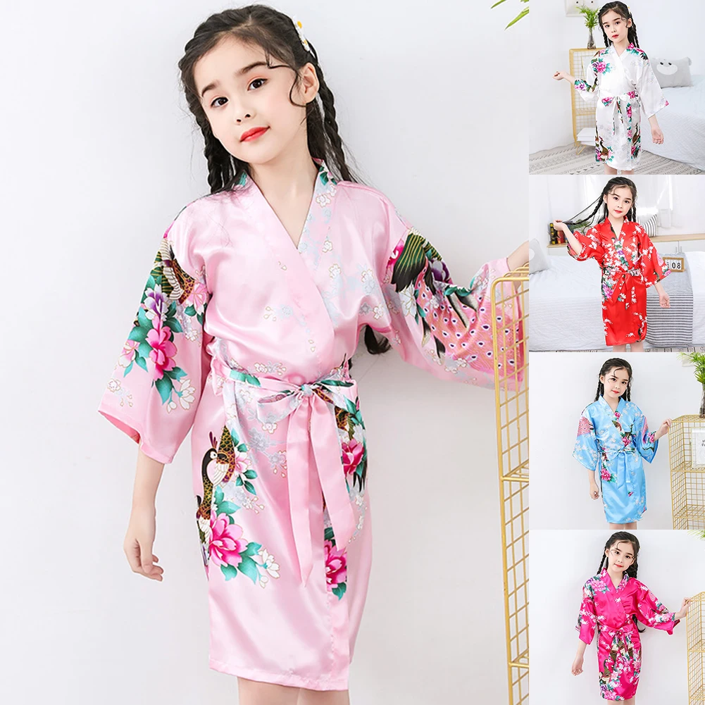 Summer Girls Silk Robe Children Pajamas Soft Bathrobe Sleepwear Dressing Gown