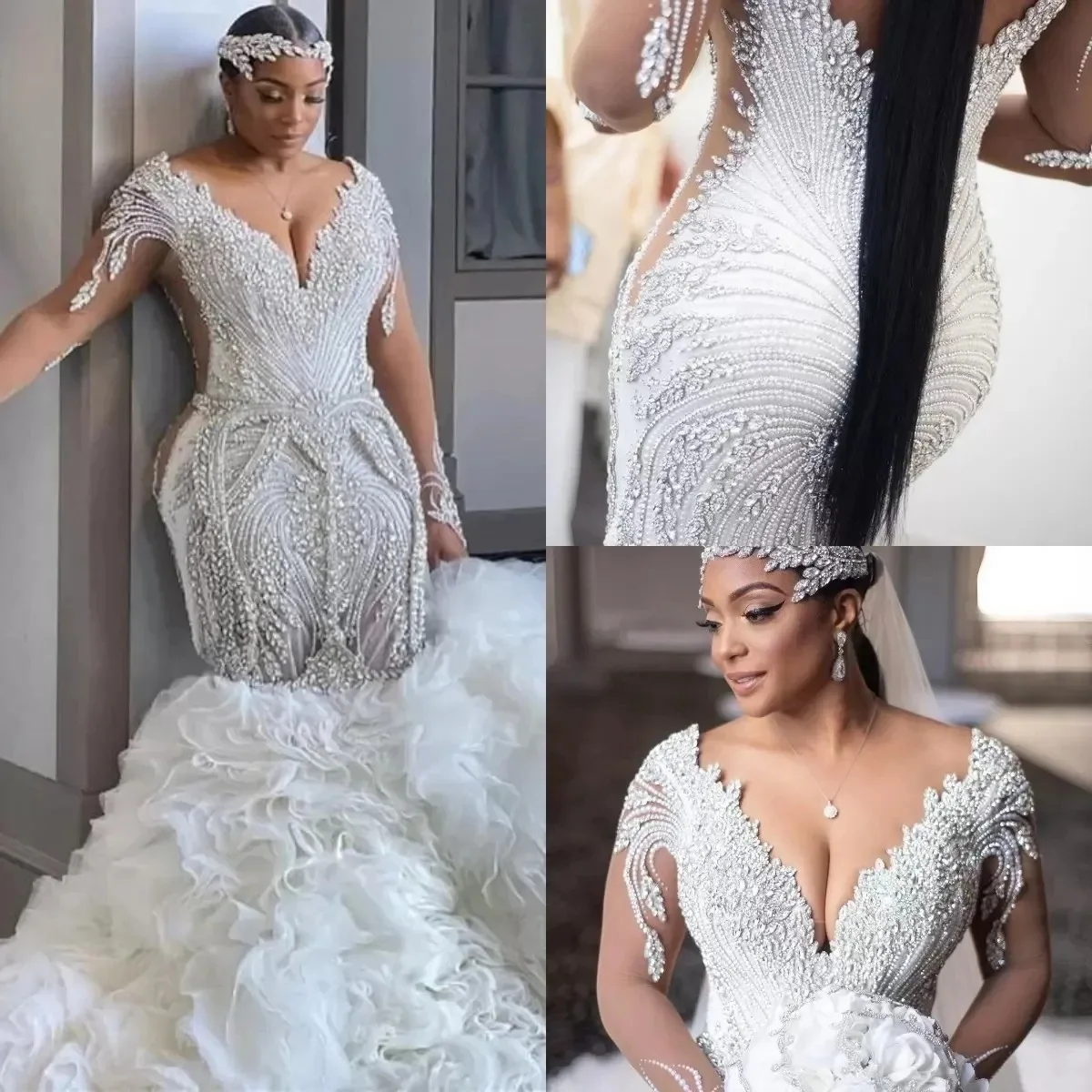 

Plus Size Mermaid Wedding Dresses Bridal Gowns Lace Appliqued Beaded V Neck Long Sleeve Tiered Skirts Ruffles Vestido De Noiva